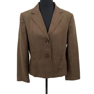 VTG Talbots Petites Brown Irish Linen Blazer Jacket Womens 12P Two Button Lined